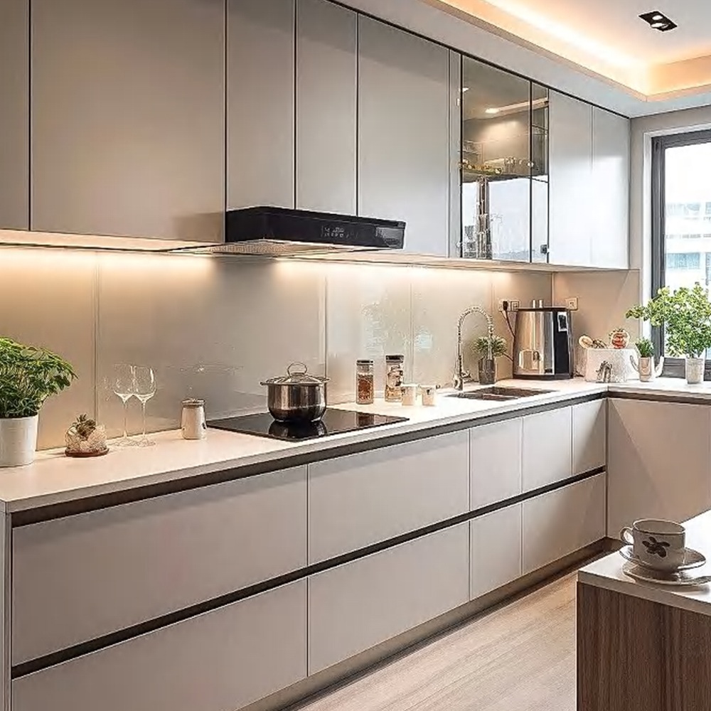 Modern Grey Powder Coated Stainless Steel Kitchen Cabinet System