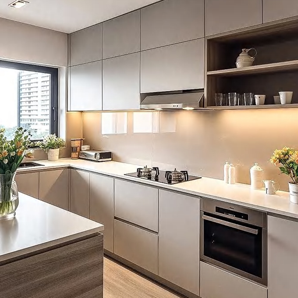 Modern Beige Powder Coated Stainless Steel Kitchen Cabinet System