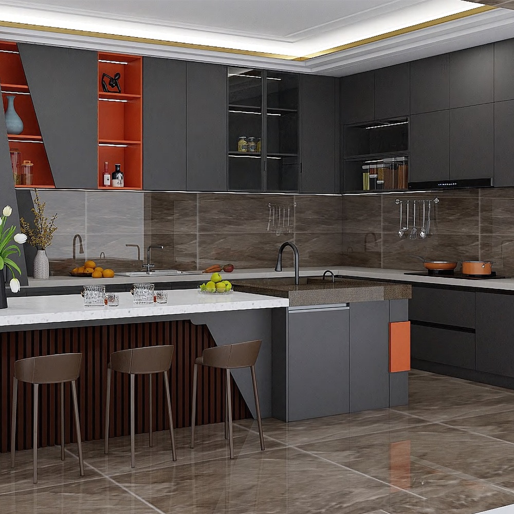 Modern Black Powder Coated Stainless Steel Kitchen Cabinet System